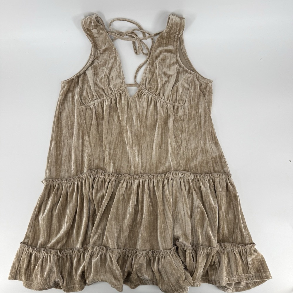 Altar'd State M Tan Crushed Velvet VNeck Baby Doll Mini Sleeveless Tie Back Boho